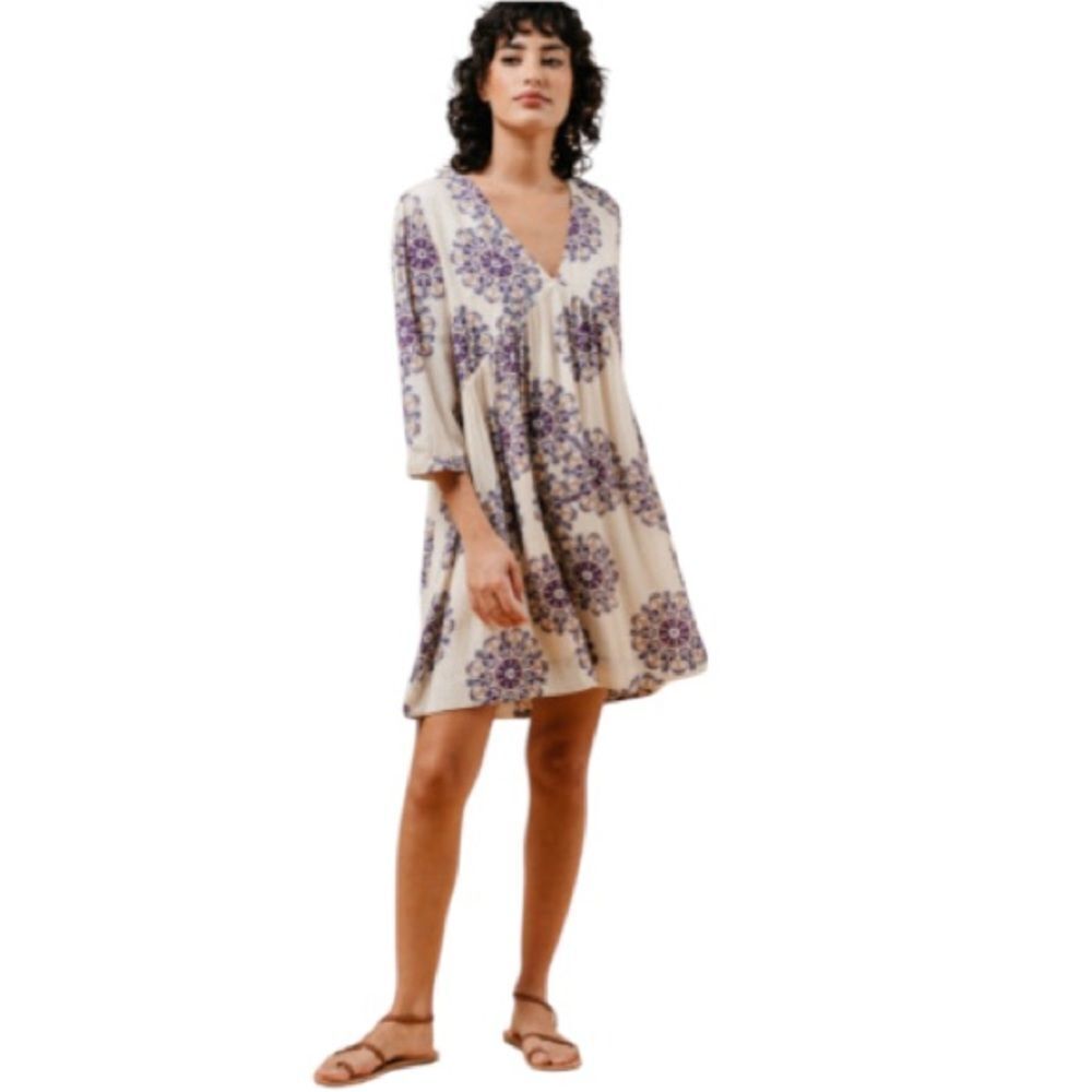 Grace & Mila Malia Boho 3/4 Sleeve Floral Cream and Purple Dress Size Small